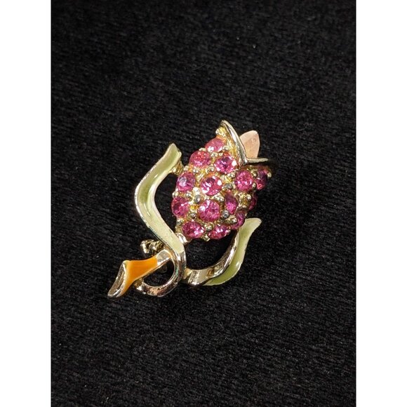 Vintage Pink Rhinestone Pave Tulip Flower Gold Tone Pin Brooch - Picture 2 of 6